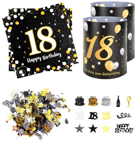 Kaempe 18th Birthday Decorations, 20 Black & Gold Napkins + 12 Lanterns + 100 Confetti, Happy 18th Birthday Party Supplies