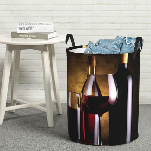 Cesto portabiancheria impermeabile con manici, grande, pieghevole, rotondo, tre bottiglie di vino e bicchiere sopra i vestiti, leggero, cestino per giocattoli per camera da letto, piccolo