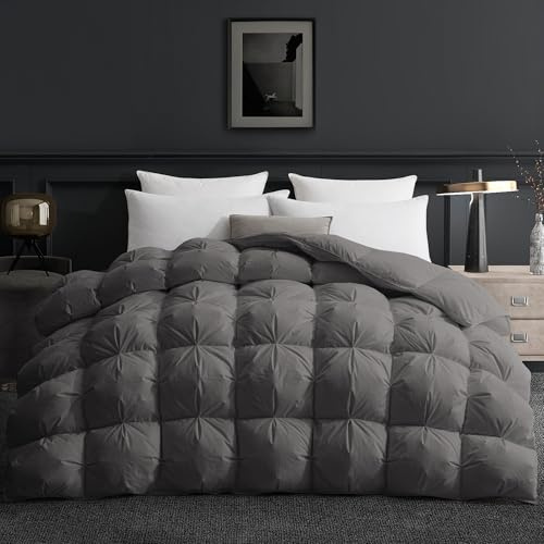 UNIKOME Edredón de Plumas y Plumón Cama 105/120, 100% Algodón, Relleno Nórdico Plumón para 4 Estaciones, Diseño con Pliegue Pinzado, Certificado Oeko-Tex (Gris Oscuro, 135x200cm)