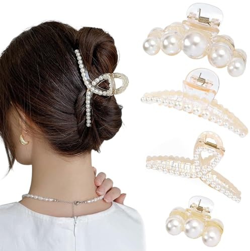 KIRZAX 4 pinzas grandes para el cabello con perlas para mujeres y niñas, antideslizante pelo accesorio, accesorios de moda para el cabello, herramientas de peinado para fiestas y bodas