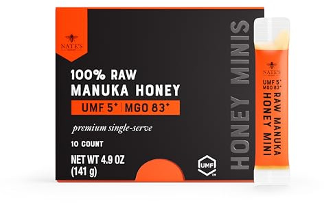 Mini al miele di Manuka di Nate, 10 pezzi | Miele di Manuka puro monodose - MGO 83+ - Certificato UMF 5+ - 10 pacchetti monodose per il benessere quotidiano in movimento