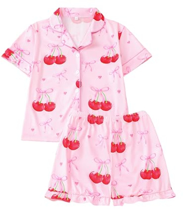 JiAmy pyjamas för flickor, 2-delat set med frukttryck, kortärmad, button-down-pyjamas, andningsbara nattkläder för barn, ålder 7-12, Rosa körsbär, 10-11 Years