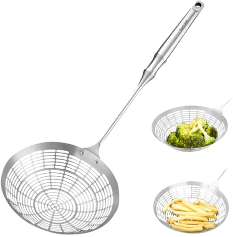 Upgraded Stainless Steel Spider Strainer Skimmer Ladle for Cooking and Frying, Kitchen Utensils Wire Strainer Pasta Spoon (M)