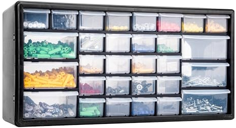 CraftGenes Schraubenaufbewahrungs-Organizer – Aufbewahrungsbox für Garage & Werkstatt mit 30 Schubladen mit verstellbaren Trennwänden, wandmontierbarer Werkzeugaufbewahrungs-Organizer (schwarz)
