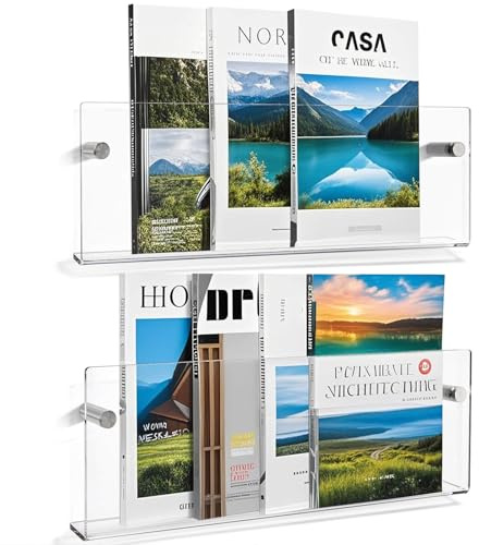 Youeon 2 Pcs Clear Acrylic Magazine Holder Wall Mount, 17 Inch Hanging Magazine Rack with Hardware, Floating Bookshelf Brochure Display Organizer for Home, Office, Reception Area