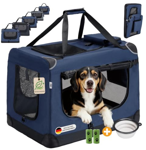 Zedelmaier Hundebox Auto, faltbar, geruchsarm, 70 x 50 x 52 cm, Dunkelblau | Große Netzfenster, Seitentaschen, Napf, Kotbeutel; faltbare Hundetransportbox für Hund, Rückbank, Zuhause und unterwegs