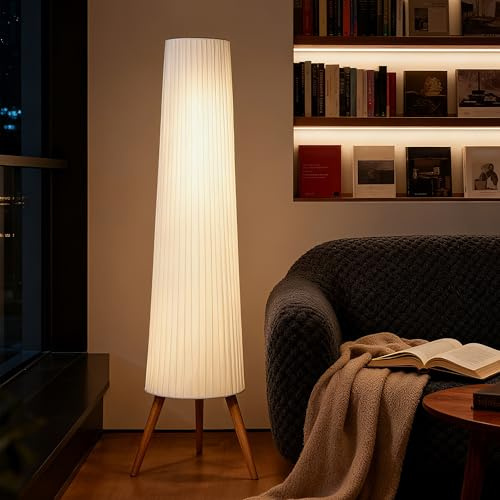 HOMCOM Lámpara de Pie con Trípode, Brillo Ajustable 3 Niveles, Lámpara Salón Nórdica con Interruptor de Pie, Patas de Madera y Pantalla de Tela, para Dormitorio, Oficina, Decoración, Blanco