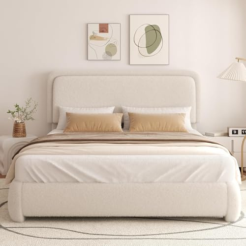 viplov Polsterbett 160 x 200cm,Doppelbett,höhenverstellbarem Kopfteil Bettrahmen,Bett mit Lattenrostmit,Teddystoff,Geeignet für Schlafzimmer,beige.
