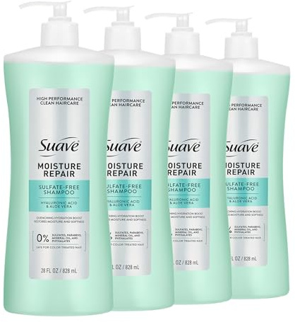 Suave Moisture Repair Sulfate-Free Shampoo with Hyaluronic Acid & Aloe Vera, Hydrates & Restores Dry, Damaged Hair, 4 Count, 28 FL OZ