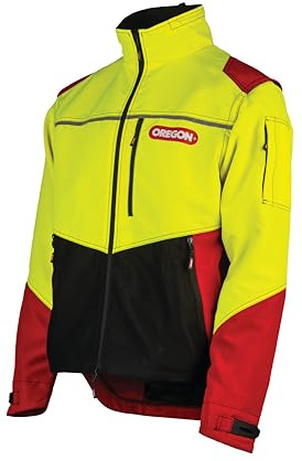 Oregon Protect Pro Varseljacka, Reflekterande, Vattentålig, Allväders, Stretchmaterial, Professionell Kvalitet för Användning av Motordrivna Verktyg, Skogs- och Friluftsarbete, Röd/Gul, Storlek 3XL