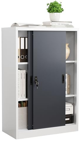 VCM Metall Büroschrank H. 120 x B. 80 x T. 40 cm/Aktenschrank Büromöbel für Ordner/Stahlschrank abschließbar/Schiebetürenschrank Malivo 3 Fach mit Schiebetüren