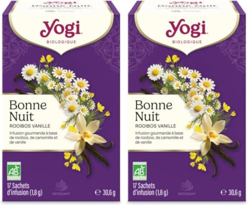 YOGI TEA Bonne Nuit Rooibos Vanille Bio – Infusion Relaxante Sans Caféine – Rooibos Doux, Vanille Gourmande & Épices Ayurvédiques – Détente & Sommeil – 17 Sachets (Lot de 2)