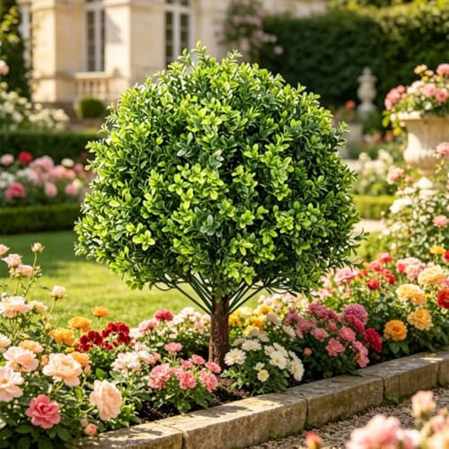 Árbol de bola de boj artificial, planta de vegetación falsa realista de 60 cm, arbusto topiario resistente a los rayos UV para decoración de patio y jardín interior al aire libre