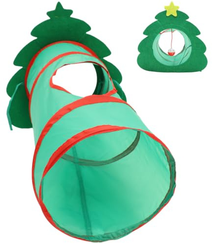 PRETYZOOM Faltbarer Katzentunnel in Weihnachtsbaum Form aus Polyester Warmhaltend und Leicht Tragbar Interaktives Katzenspielzeug für Wohnungskatzen im Weihnachtsdesign
