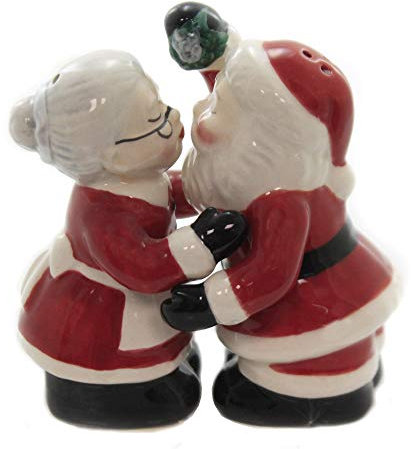 Fine Ceramic Kissing Santa & Mrs. Claus Under The Mistle Salt & Pepper Shakers Set, 3-3/8