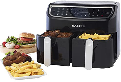 Salter EK4548 Dual Air Fryer - Double Drawer, 2 XL Non-Stick Cooking Trays, Sync & Match Cook Function, Independent Cooking, 8.2L, Sensor Touch Display, 12 Presets, Oil Free, 2200W-2600W, Black/Silver