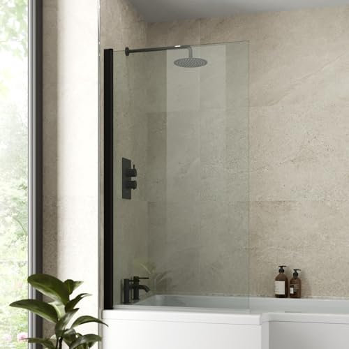 Luxura® 1400 x 800mm Black Over Bath Shower Screen Folding Hinged Door Glass Panels & Screens for Baths, Bathroom Frameless Square Design, 6mm Toughened Safety Glass, 180° Pivot