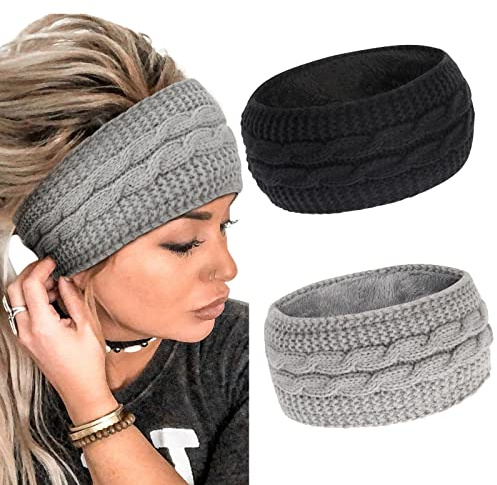 2 Packs Winter Knit Headbands for Women's Hair Wide Knitted Ear Warmer Lining Velvet Fleece Lined Grils Hairband Workout Skiing Yoga Head Bands Hair Accessories (Black+Grey)