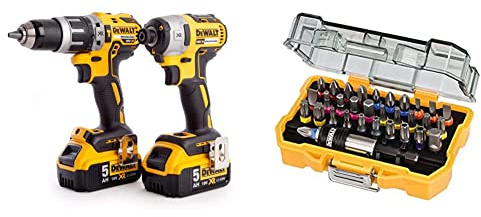 DEWALT DCK266P2T-GB XR Combi Drill and Impact Driver Brushless Kit in TSTAK Box, 1 W, 18 V, Yellow/Black & DT7969-QZ, 32 Piece XR Professional Magnetic Screwdriver Bit Accessory Set, Yellow