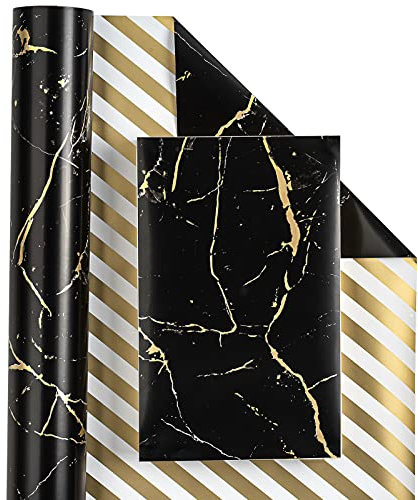 RUSPEPA Wendbares Geschenkpapier – 43,2 cm X 10 m, Schwarz-Goldenes Marmordesign, Perfekt Für Geburtstag, Urlaub, Vatertag, Babyparty