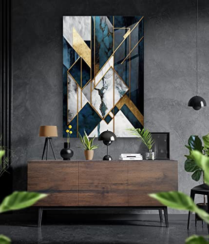 Manschin-Laserdesign Tableau mural de qualité supérieure en verre acrylique ou composite d'aluminium – Pas d'image murale sur toile – Décoration murale design moderne abstrait blanc doré (bleu ardoise