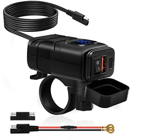 Presa USB Moto Impermeabile, Presa USB per Moto, QC3.0 USB+Type C, 12V/24V Caricabatterie Auto Ricarica Rapida C, con Interruttore e Voltmetro LED, per Motorcycle Auto Marine Camper SUV (Luce Blu)