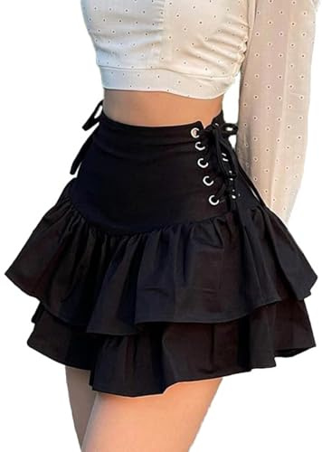 DINGJIUYAN Womens Lace Up Skirts Goth Ruffle Mini -Y2k Black High Waist -Summer Punk Short Skirt-Kawaii Clothes Cargo, Tennis, Pencil, Midi, Pleated Skirts