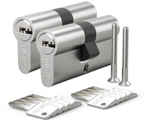 Bwintech 2 Pz Simile 35/35mm Euro Cilindro in Ottone, 70mm Chiave/Chiave a Barile con 10 Chiavi Orizzontali in Ottone,Antipicking, Anti-perforazione, Anti-scatto, Anti-urto,Finitura in Nichel Satinato