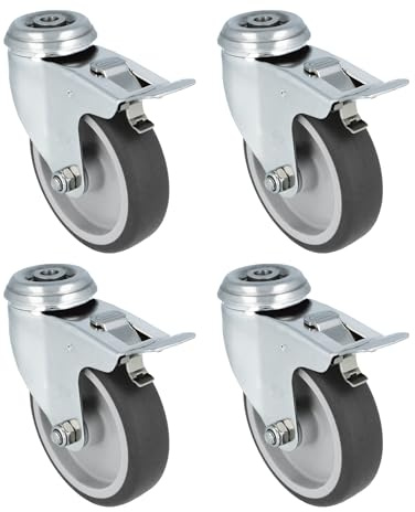 Amig – Pack da 4 ruote con freno – Ø 100 x 27 mm – Ruote girevoli con piastra in acciaio inox con foro – Portata massima 90 kg – Per spostare mobili pesanti – Nucleo in polipropilene – Gomma nera