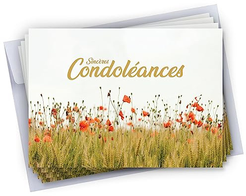 Cadeau Parfait 6 cartes Condoléances + 6 Enveloppes autocollantes • Visuel Coquelicot, Blé • Format 10x15 cm