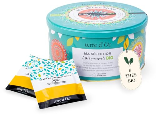 terre d'Oc - Coffret Thés Gourmands Bio - Thés Verts & Thés Noirs - 42 Sachets - Boite en Métal - Idée Cadeau Homme et Femme - 84g