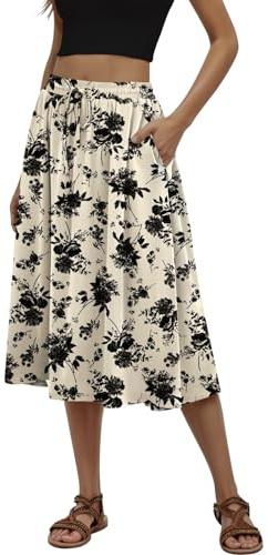 MLXSJ Women Midi Skirt Summer Flowy Skirts Black Floral Light Beige L