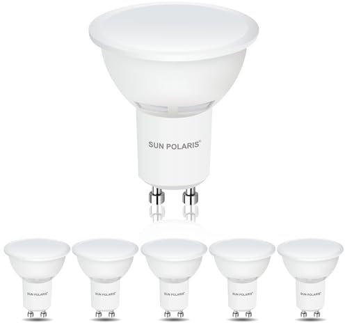 SUN POLARIS GU10 LED Light Bulbs, Warm White 2700K, 4W Equivalent to 25 watt Halogen Spotlight Bulb, 320 lumens Energy Saving Lightbulbs, 100° Wide Beam, Flicker Free, Non-dimmable Downlight pack of 6