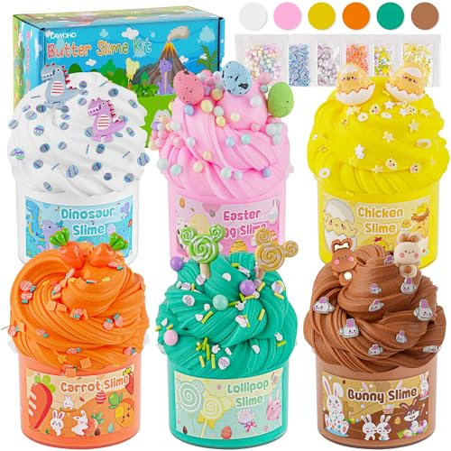 LAWOHO Påsksmör slime kit, 6 påskägg, korgfyllare för barn | 6 Förfyllda påskägg med smör slime och söta tillägg, mjukt non-stick fluffigt slime, påskgåvor, festgåvor för barn
