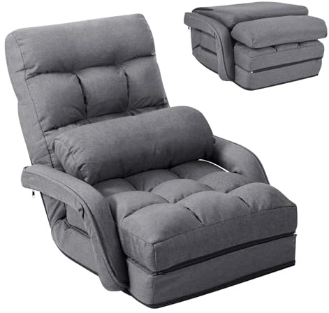 RELAX4LIFE Poltrona Pieghevole con Cuscino, Sedia da Terra Regolabile in 5 Livelli, Divano e Letto, Poltrona Reclinabile, Ergonomico, Comodo Tessuto e Imbottitura (GRIGIO)
