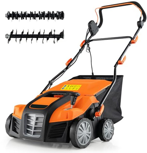COSTWAY Lawn Scarifier and Aerator 2 in 1, 2000W Folding Garden Lawn Rake with 40cm Working Width, 5 Depth Settings, 3 Position Height, 55L Grass Box, 10m Cable & Safety Switch (Orange)