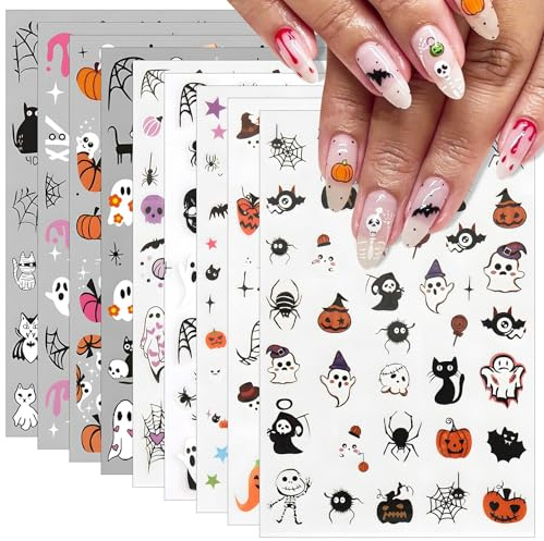 BOOMTOP Halloween Nagelsticker 9 Bögen Nagelaufkleber Selbstklebend Nail Art Sticker Süße Geist Kürbis Spinne Katze Schädel Nagel Tattoos Abziehbilder für Nagelstudio DIY Nagelkunst
