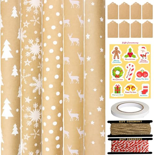 FullJoyHut 5 Rollen Weihnachtsgeschenkpapier je 43cm x 3M - Weißes Geschenkpapier Weihnachten Rollen Set Kraftpapier Weihnachtspapier mit Geschenkanhänger Geschenkband für Xmas Geschenkverpackung