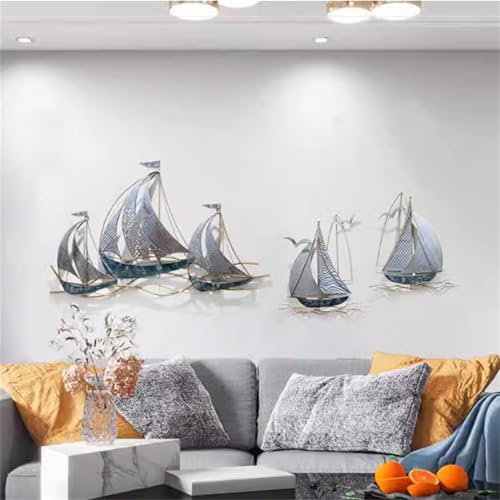 Wanddekoration aus Metall, Segelboot, 3D-Schiffs-Wandskulpturen, Segelboot-Trio, Metallwandkunst, handgefertigt, Strand-Segelboot für Zuhause, Wohnzimmer, Schlafzimmer