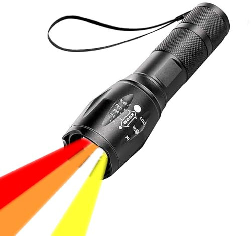 LIAISIMI 4 in 1 torcia a LED con luce rossa, gialla, arancione, bianca, ricaricabile, multifunzionale torcia elettrica con messa a fuoco regolabile torcia impermeabile (Rosso+Giallo+Arancione+Bianco)