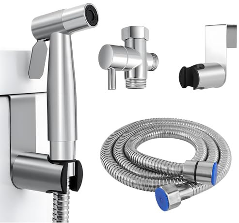 Doccetta Bidet Acciaio Inossidabile con 1.5M Tubo Flessibile e Staffa a Muro, Bidets Doccia a Mano in Acciaio Inox, Stoffa Portatile Spruzzatore Kit, Bidet Tenuto in Mano Kit per L'Igiene Personale