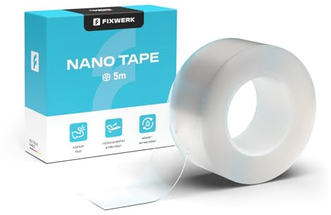 FIXWERK Nano Tape | transparent tejp med extra stark vidhäftning | återanvändbar | vattentät | transparent mångsidig tejp för hem, skola och kontor, 5 m x 3 cm x 0,5 mm (ensidig)
