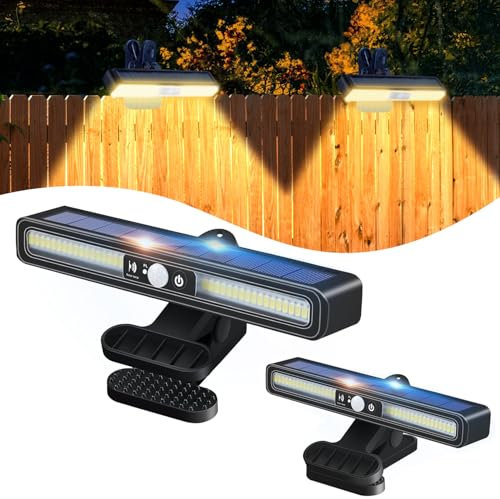 PEAKRO Lot de 2 Lampes Solaires Extérieur à Clipser avec Détecteur de Mouvement, 3 Modes d'éclairage Lampe Solaire Exterieur Étanche Projecteur Solaire Extérieur pour Jardin Clôture (Lumiere Chaude)