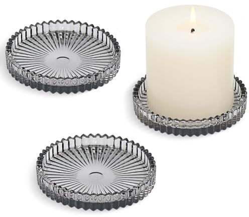 HofferRuffer 3 Pack 10cm Glass Candle Plates,Round Candle Holders for Pillar Candles Tealight Candlestick Holders,Grey