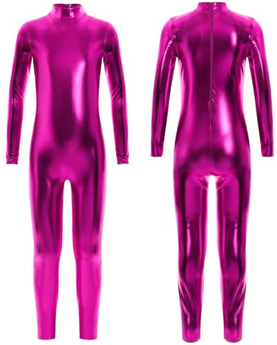 Jhaoyu Boys Girls Full Length Bodysuit Jumpsuit Metallic Ballet Dance Leotard Gymnastics Unitard Catsuit Hot Pink 8-10 Years