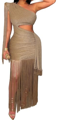 Geulis Womens Sexy Wedding Guest Dress Elegant One Shlouder Fringe Dress Flowy Bodycon Sparkly Glitter Evening Dresses Golden