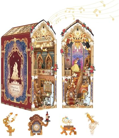 Tonecheer Book Nook Kit de Puzzle 3D en Bois à Faire soi-même pour Adultes Coin de Lecture Maison Miniature Décoration de bibliothèque avec Housse Anti-poussière et lumières LED(La Belle et la Bête)