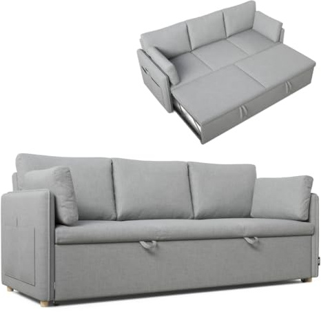 Nalui- Sofa Cama 3 plazas 3 en 1 Nest 3 211x86x88cm con 2 Almohadas. Sofa 3 Plazas Convertible en Cama con Somier de 128x190cm. Soporta hasta 360Kg. Gris Claro