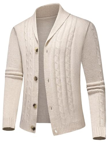 KUDMOL Cardigan Gilet Homme avec Boutons pour Hiver Chaud Col Châle Pull Veste en Maille Chandail Chaud Slim Fit Épais Tricot Polaire(Beige,L)