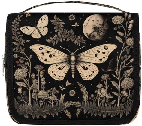 Mexpekil Trousse de toilette vintage gothique à motif floral lune papillon pour femmes, hommes, femmes, trousse de toilette étanche à suspendre avec crochet, trousse de maquillage organisateur
